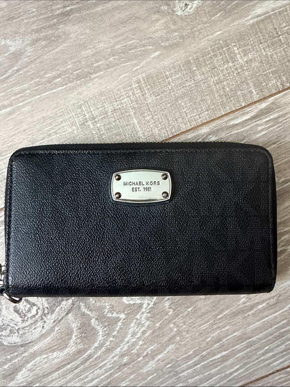 Michael Kors Black Textured Leather Zip-Around Wallet with Logo Plaque